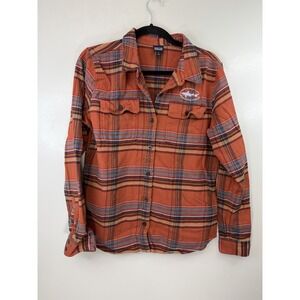 Patagonia Orange Plaid Long Sleeved Flannel W‎ Front Facing Logo Size M